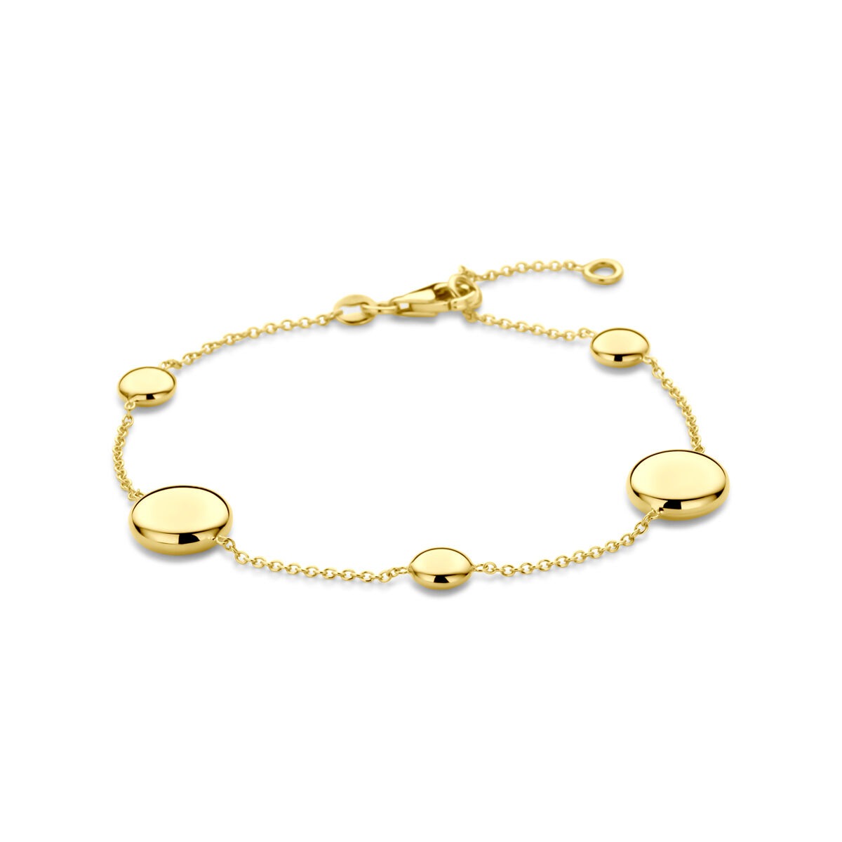 Geelgouden dames armband met ronde schijven, verstelbaar van 17 tot 19 cm.