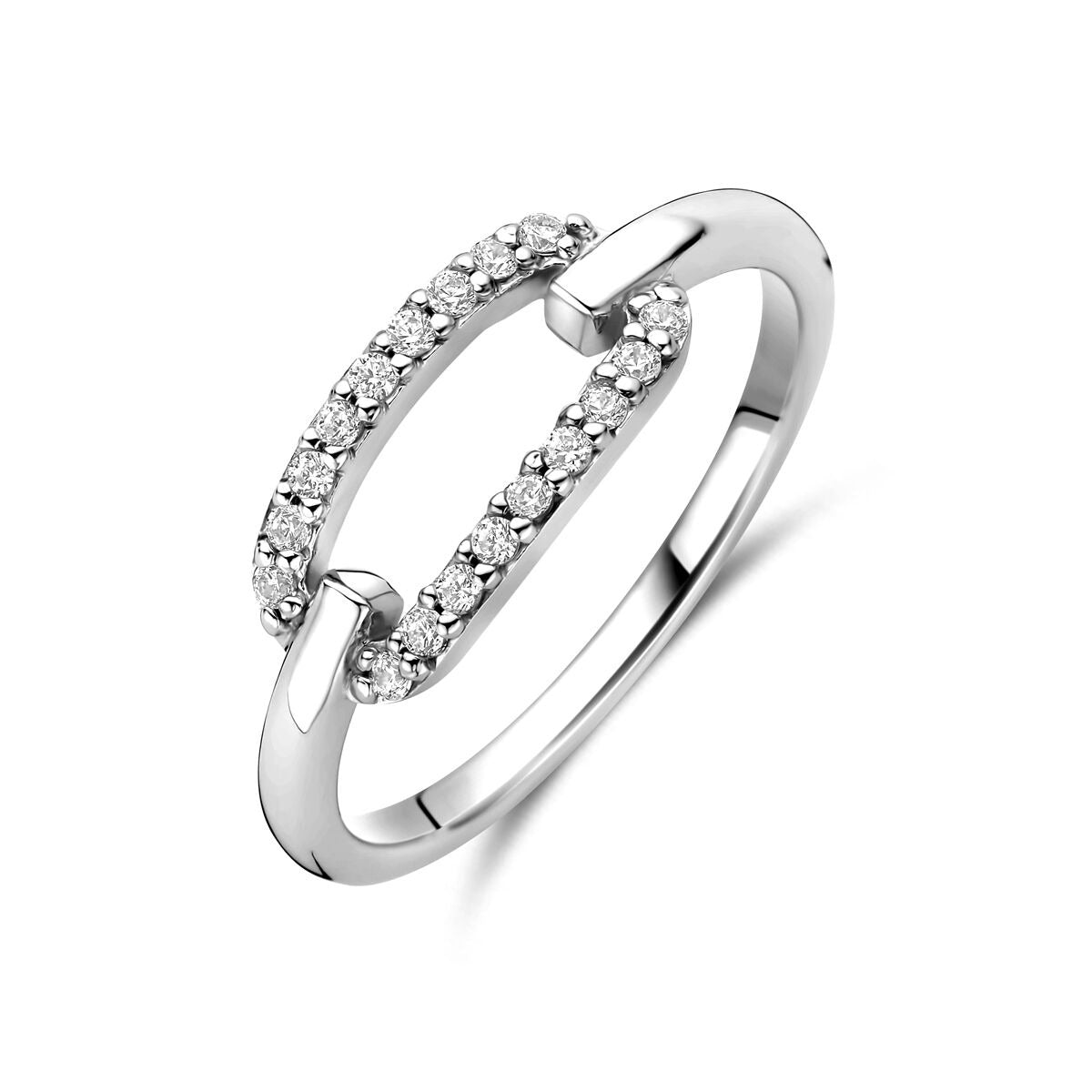 Zilveren ring voor dames met gerhodineerde afwerking en zirkonia steentjes in een dubbele lijn.