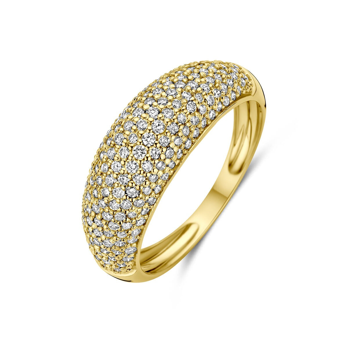 Geelgouden ring met een bolle vorm, bezet met lab grown diamanten in pavézetting.