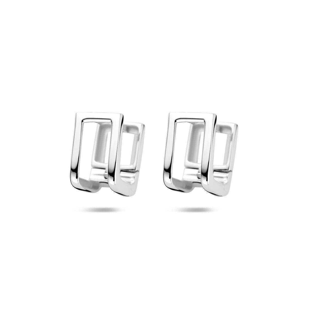 Zilveren klapoorringen van gerhodineerd 925 zilver met een modern, geometrisch ontwerp.