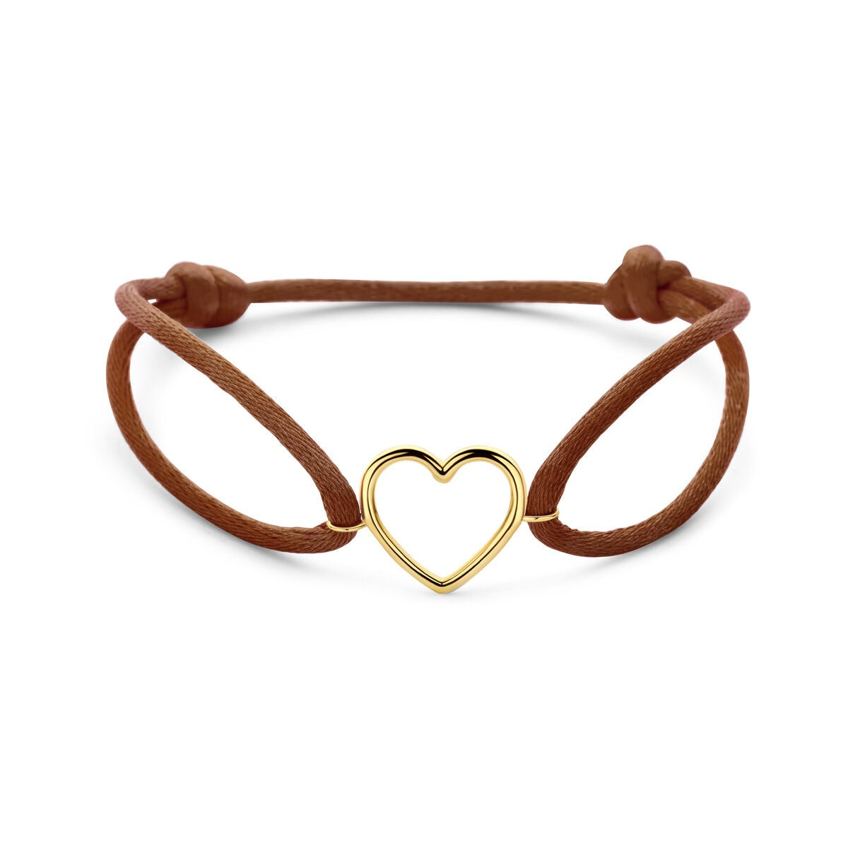 Bruine satijnen dames armband met een 14k geelgouden hartje in het midden.