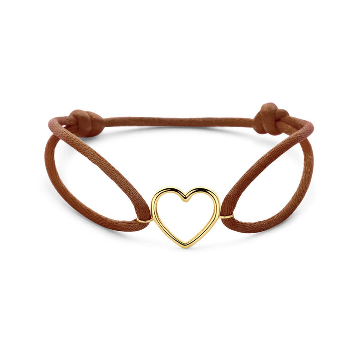 Bruine satijnen dames armband met 14k geelgouden hartje – Elegant gebaar van liefde in warme tinten