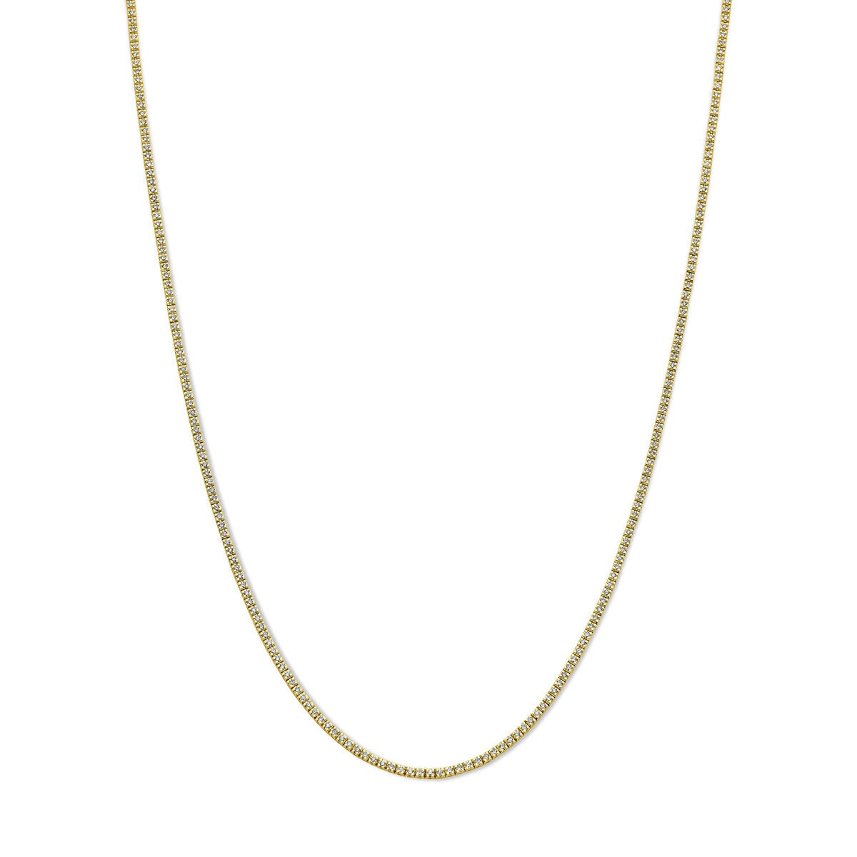 14k geelgouden tenniscollier met lab grown diamanten, subtiele schakelvorm en een glanzende afwerking.