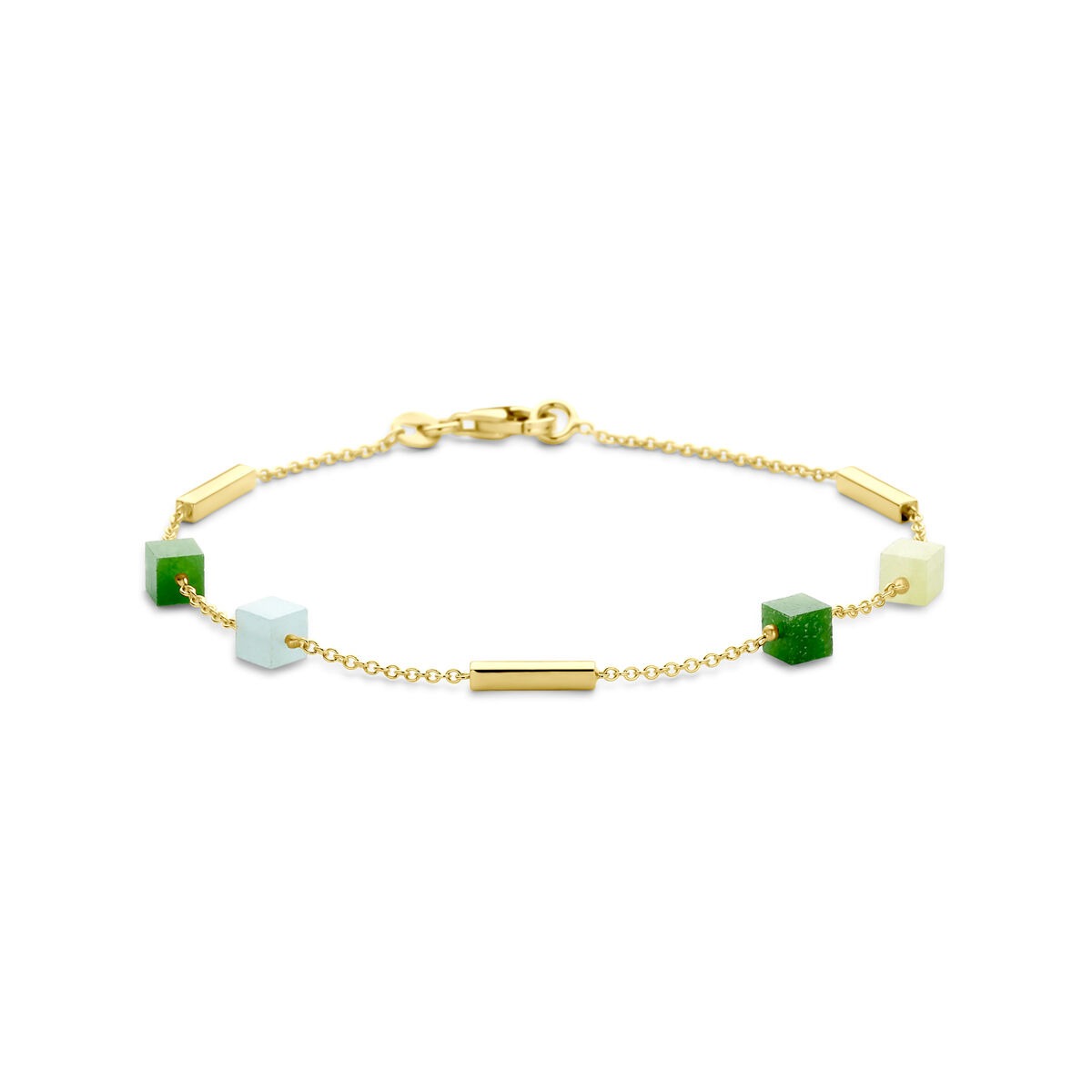 Gouden armband van 14k met blauwe en groene kwartsiet, voorzien van een delicate schakel en metalen tussenstukken.