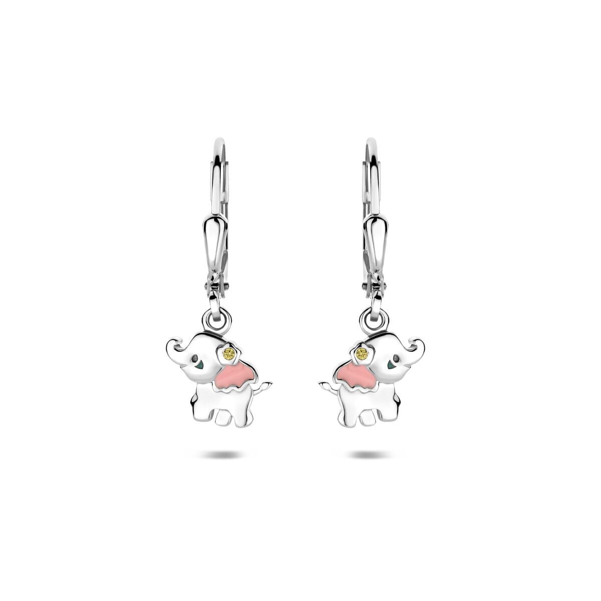 Zilveren kinder oorhangers olifant – gerhodineerd 925 zilver met emaille en zirkonia 23 mm