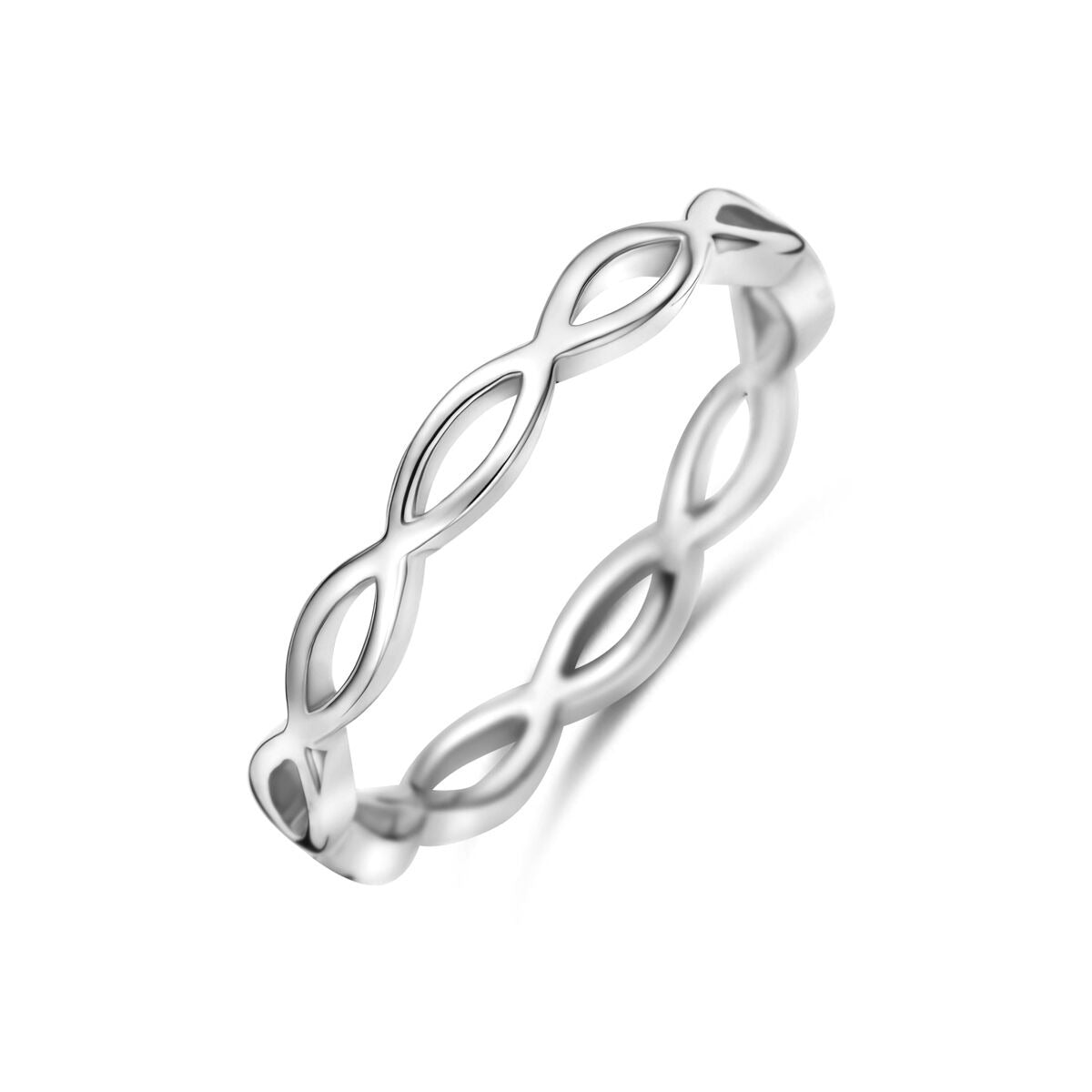 Gerhodineerde 925 zilveren ring met een opengewerkt, golvend ontwerp van 3 mm breed.
