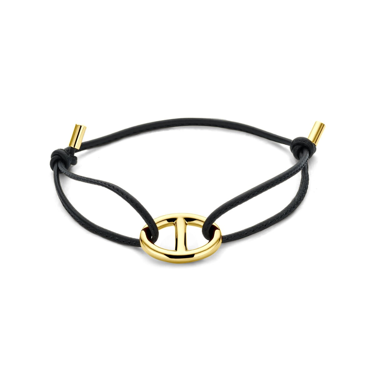 Zwarte leren dames armband met 18k geelgouden marine schakel en een eenvoudige sluiting.