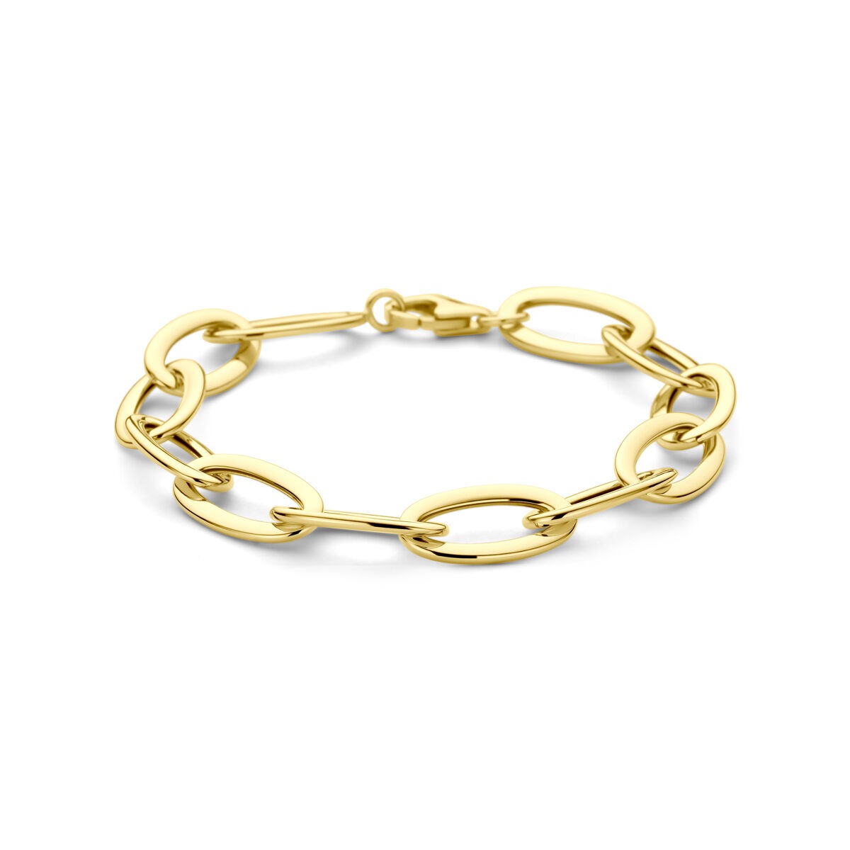 Gouden armband van 14k met anker schakels en een karabijnsluiting.