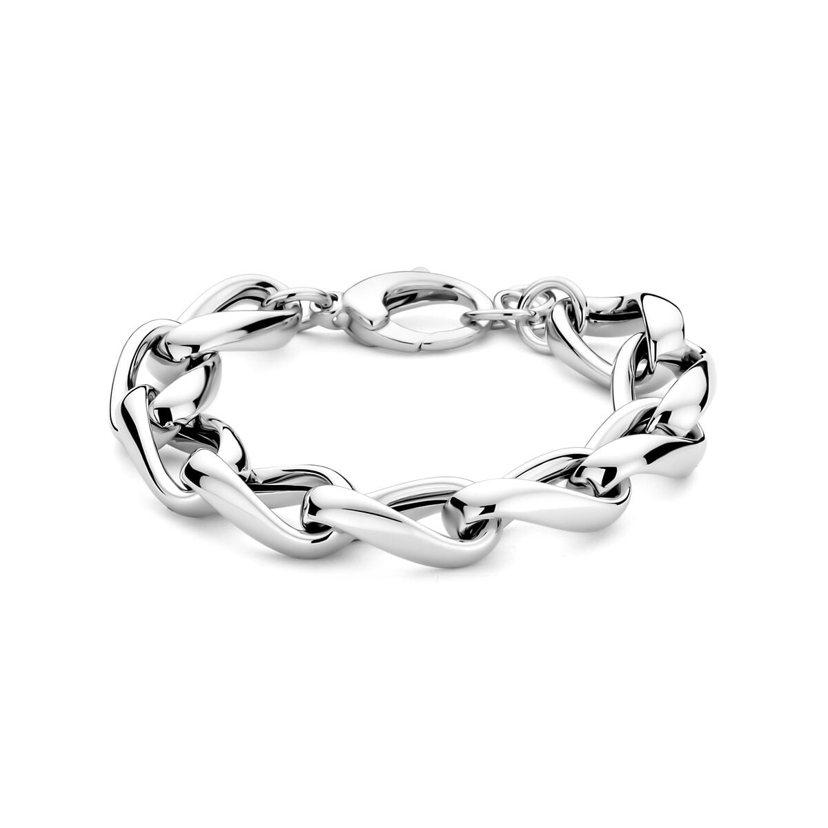 Zilveren armband met gerhodineerde afwerking en ronde draadschakels van 12 mm, lengte 18 + 2,5 cm.