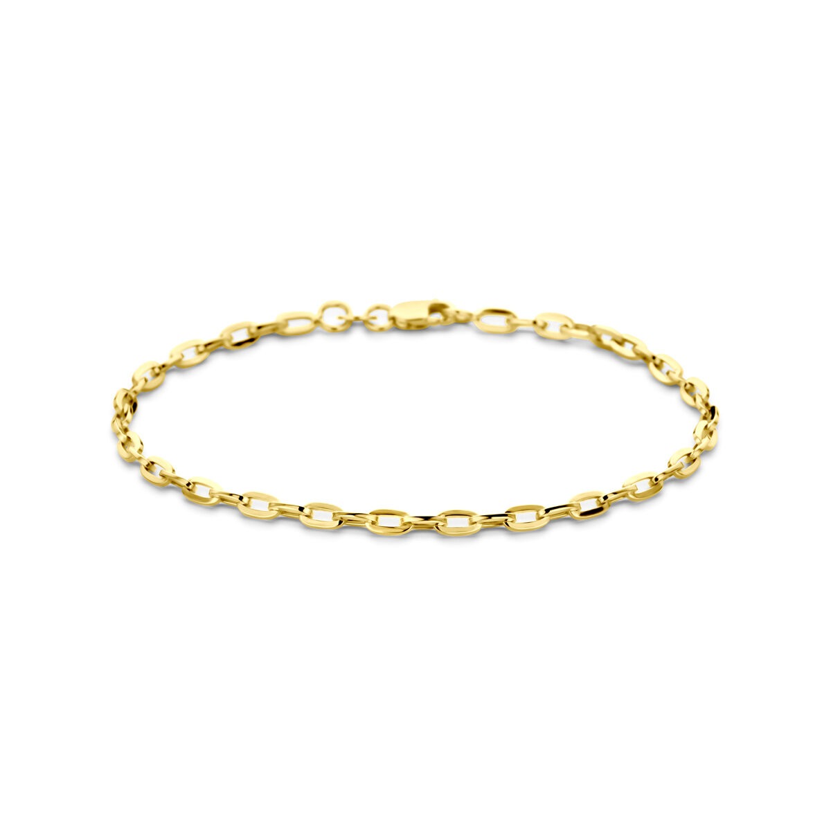 Geelgouden anker armband met schakels in een glanzende afwerking.