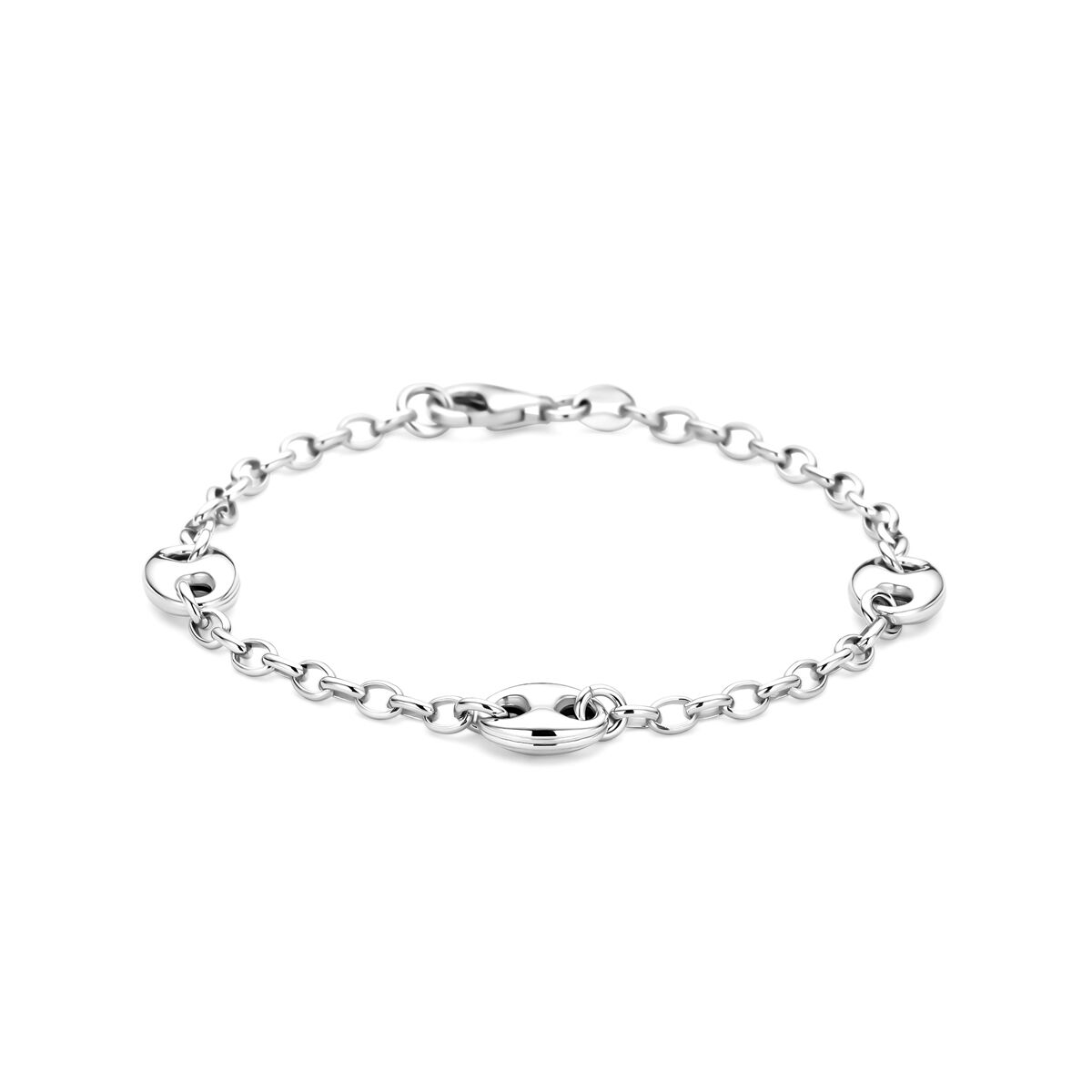 Zilveren armband met anker- en hartvormige schakels.