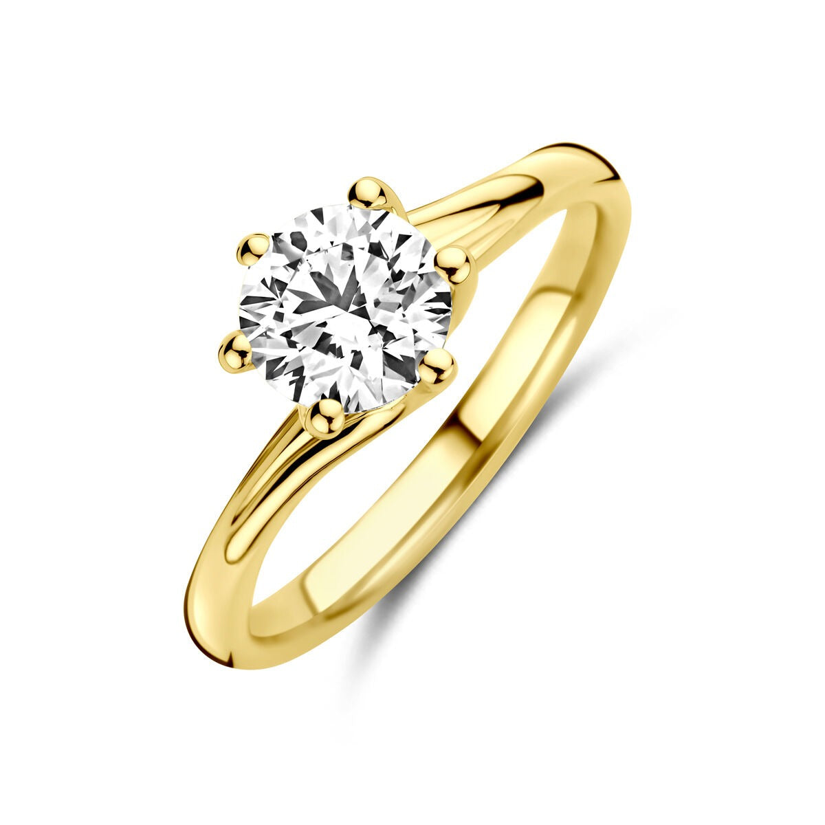 Geelgouden ring met een ronde, 1.00ct lab grown diamant in een zes-punts zetting.