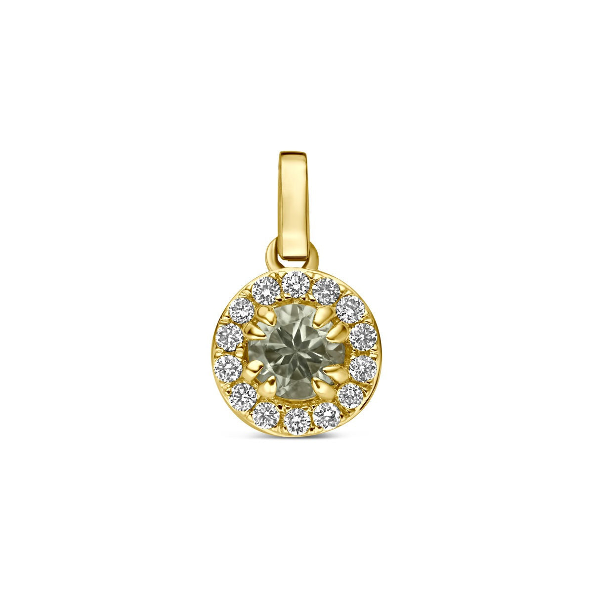 Geelgouden hanger met groene amethist in het midden, omringd door lab grown diamanten.