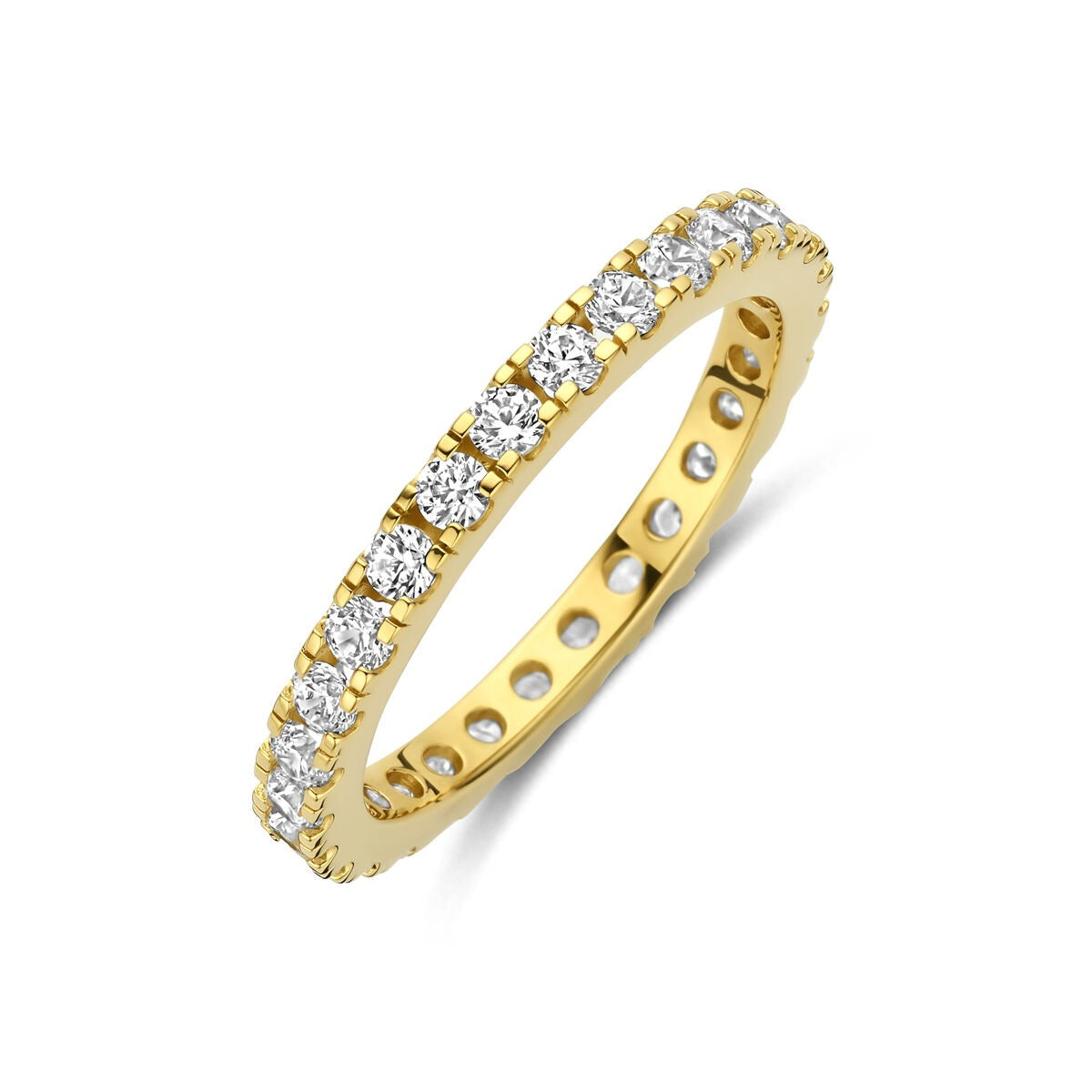 Vergulde 925 zilveren ring met een rij van ronde zirkonia steentjes van 2.2 mm.