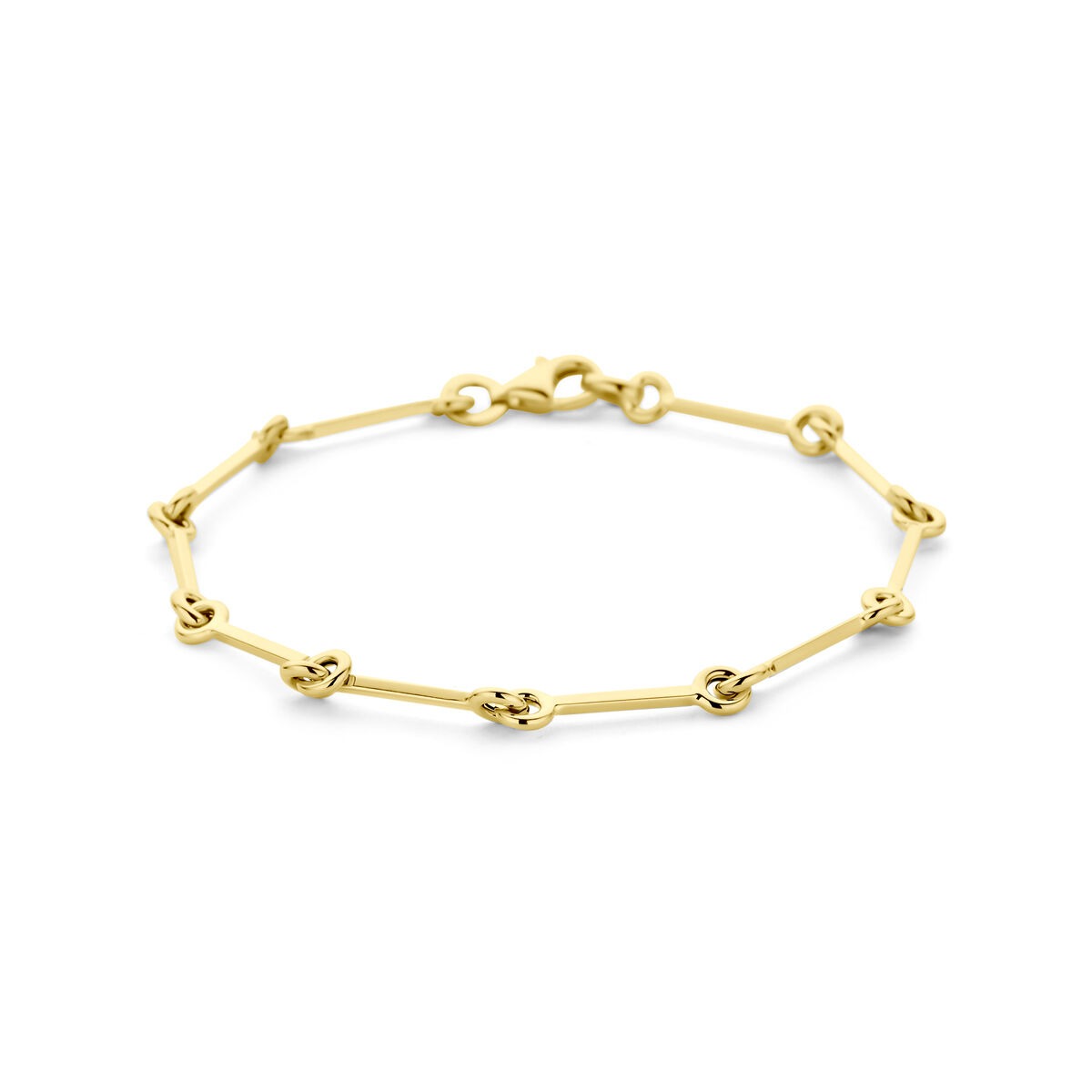 14k gouden schakelarmband met een afwisselend patroon van knopen en rechte schakels.