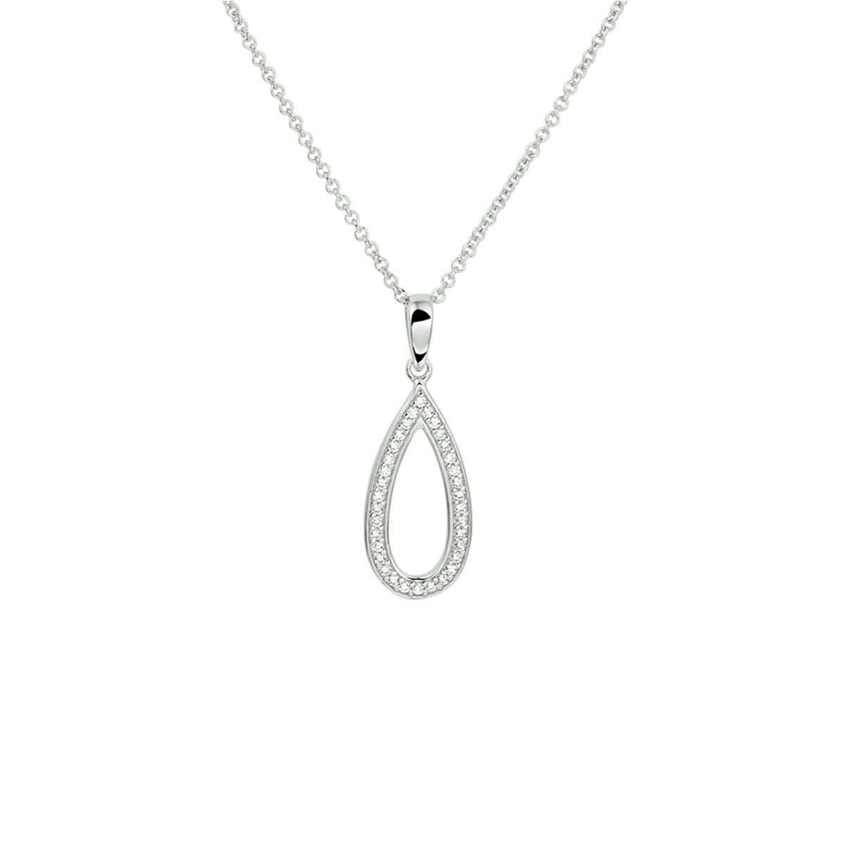 Zilveren ketting met druppelvormige gerhodineerde zirkonia hanger, versierd met kleine steentjes.