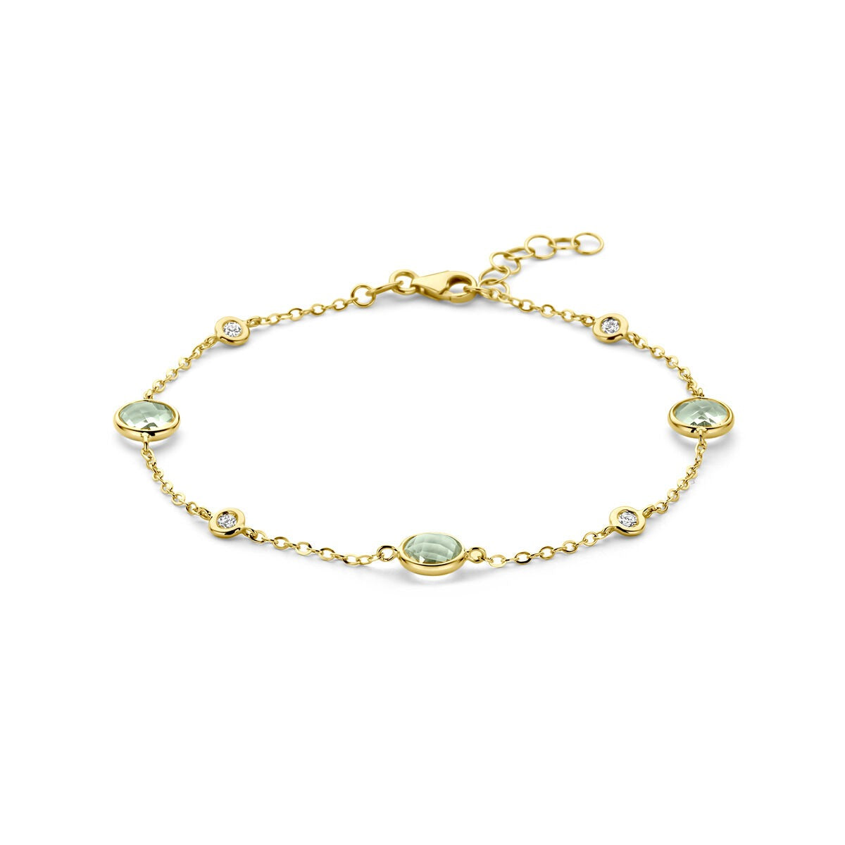 14k geelgouden armband met groene amethist en kleine diamanten, voorzien van een delicate schakeling.