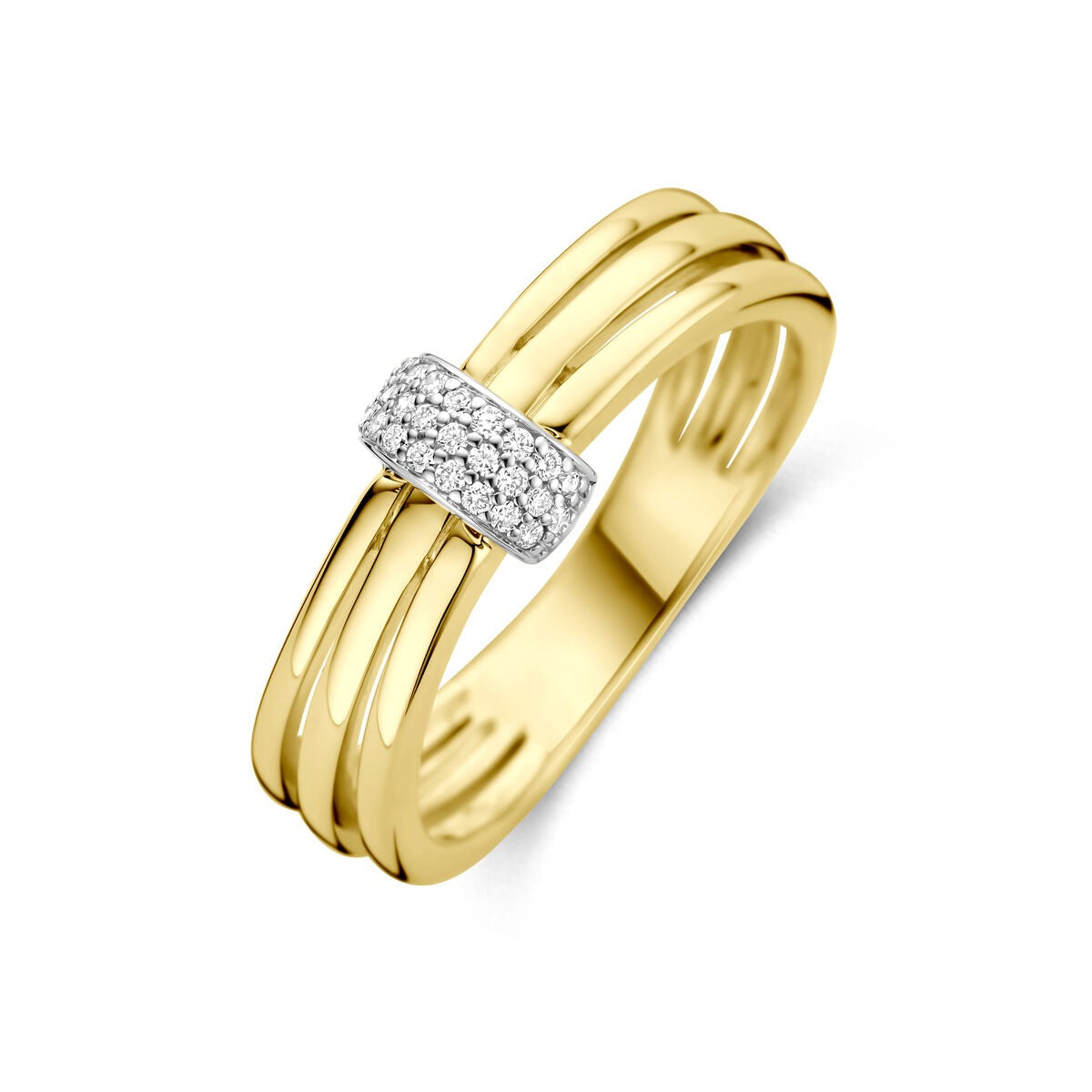 Bicolor ring van 14k geel- en witgoud met een diamantaccent, 7 mm breed.