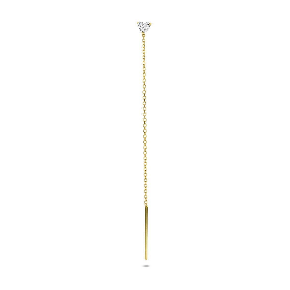 Geelgouden doortrekoorbel met een lab grown diamant, lange ketting met een rechte staaf.