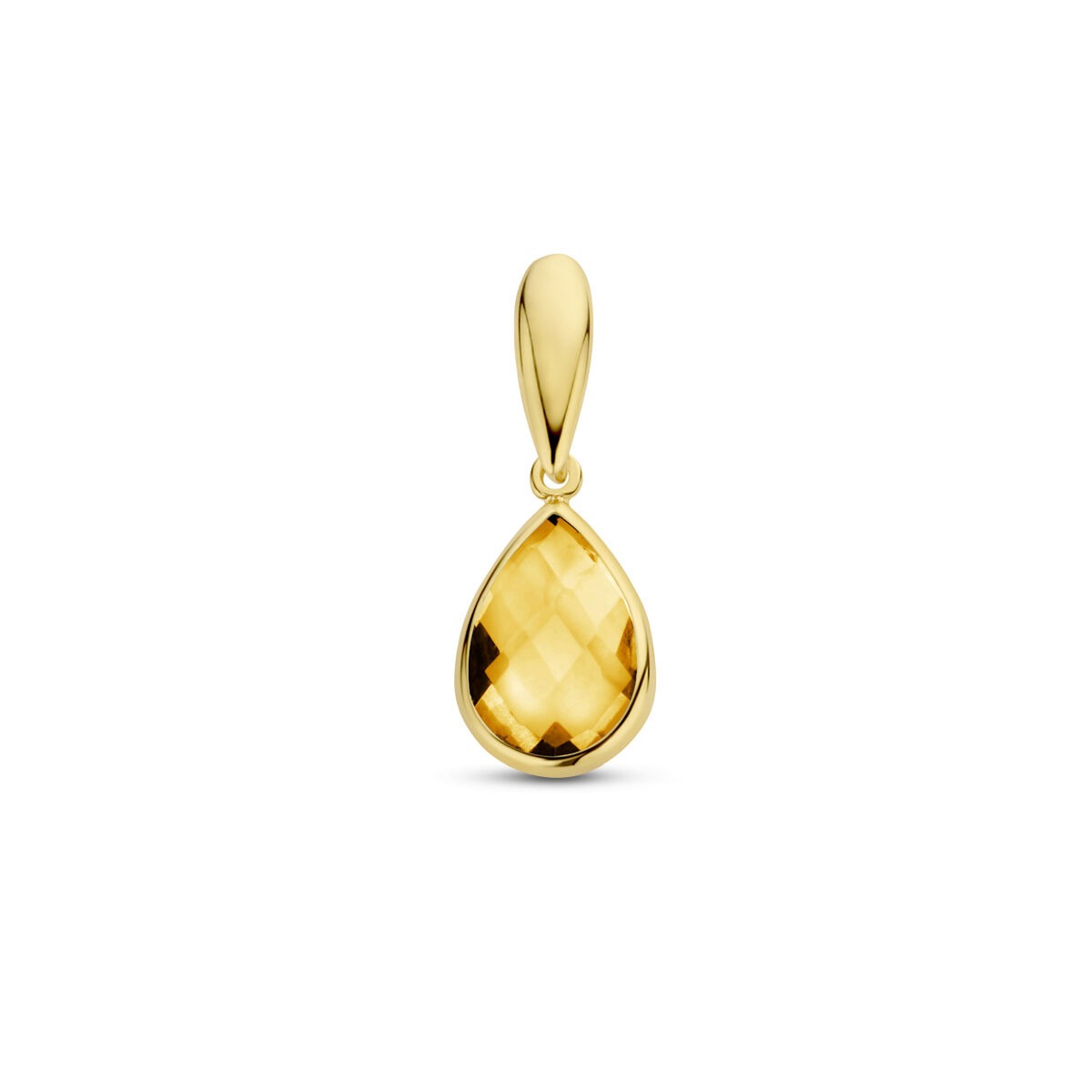 Geelgouden hanger in druppelvorm met een facette geslepen citrien.