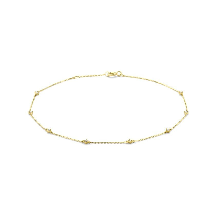 Geelgouden enkelbandje van 14k met zirkonia, fijn schakeldesign en glanzende afwerking.