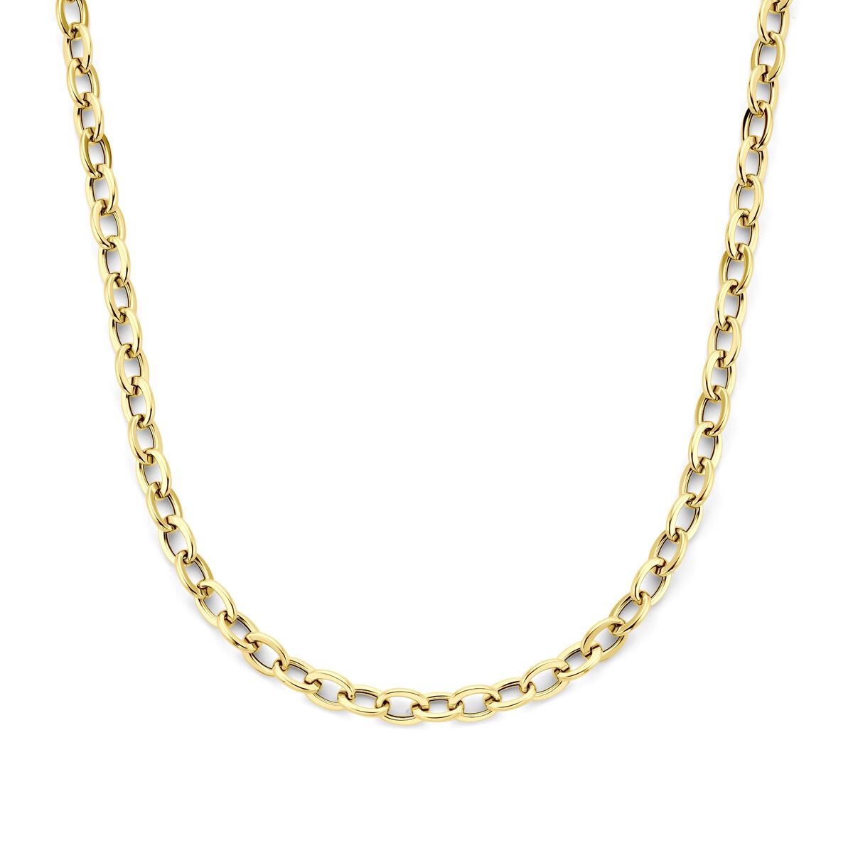 14k geelgouden damesketting met een mix van ronde en rechthoekige schakels van 8,5 mm.