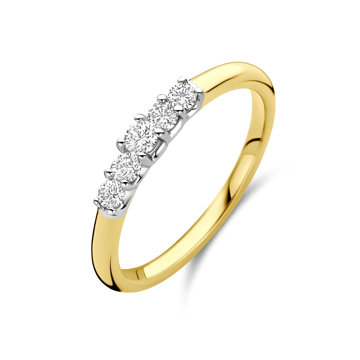 Bicolor ring van 14k goud met vijf heldere diamanten van 0.30ct in een zilveren zetting.