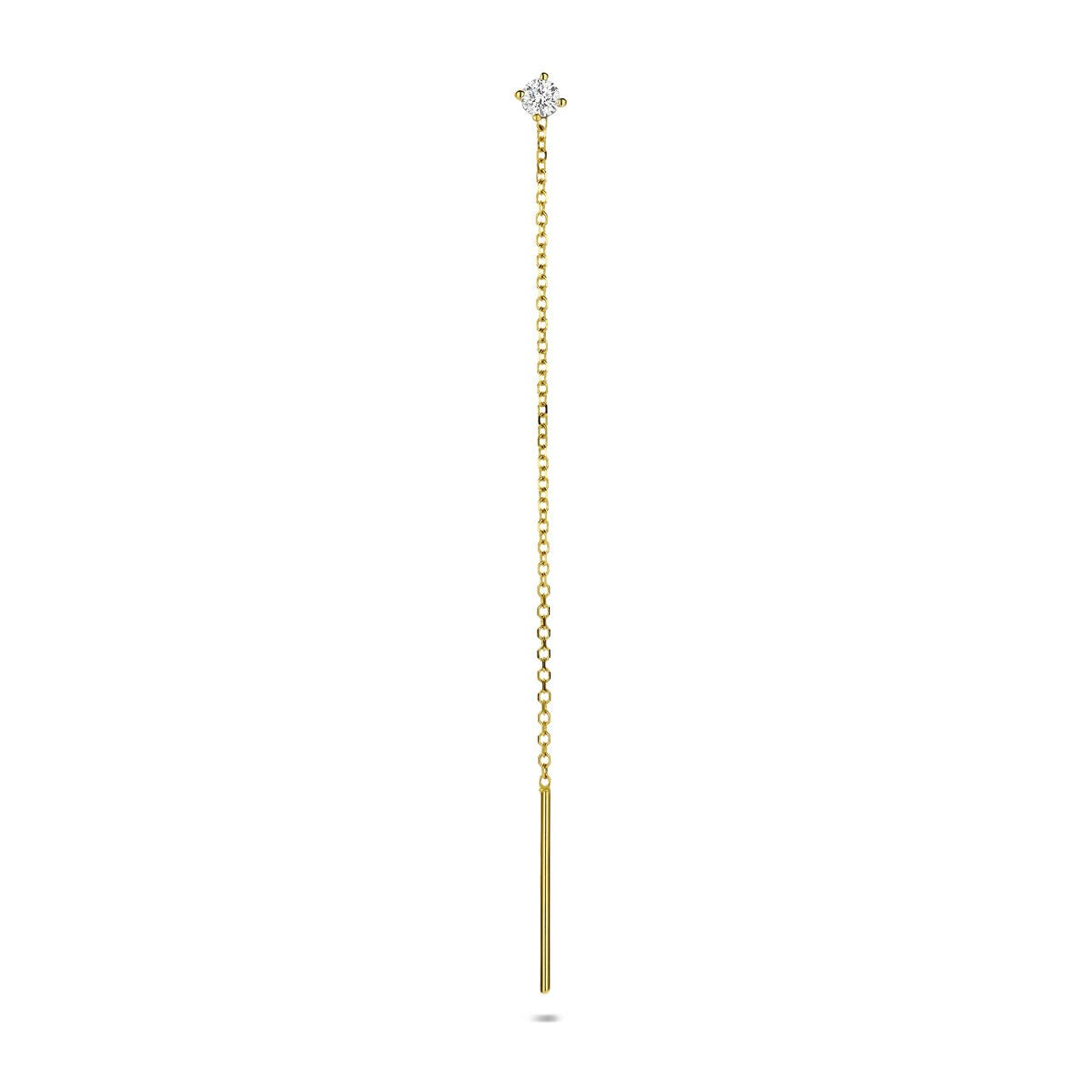 Geelgouden doortrekoorbel met een lab grown diamant aan de bovenkant en een lange, slanke ketting.