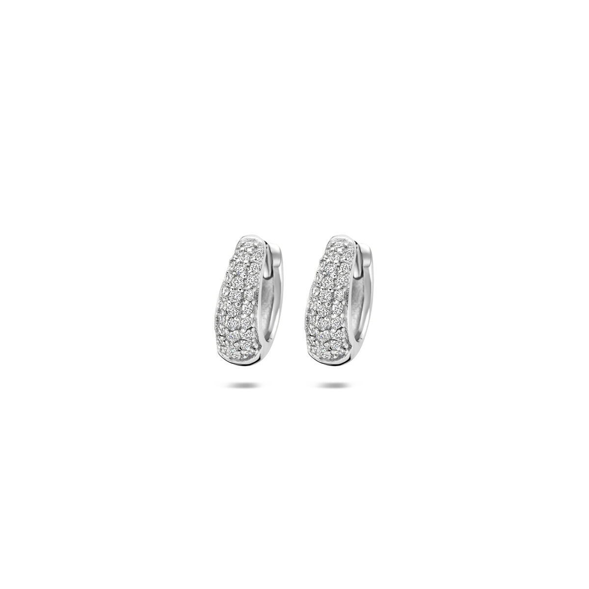 Gerhodineerde 925 zilveren oorringen met een glanzende zirkonia-bespreking en een elegante, gebogen vorm.
