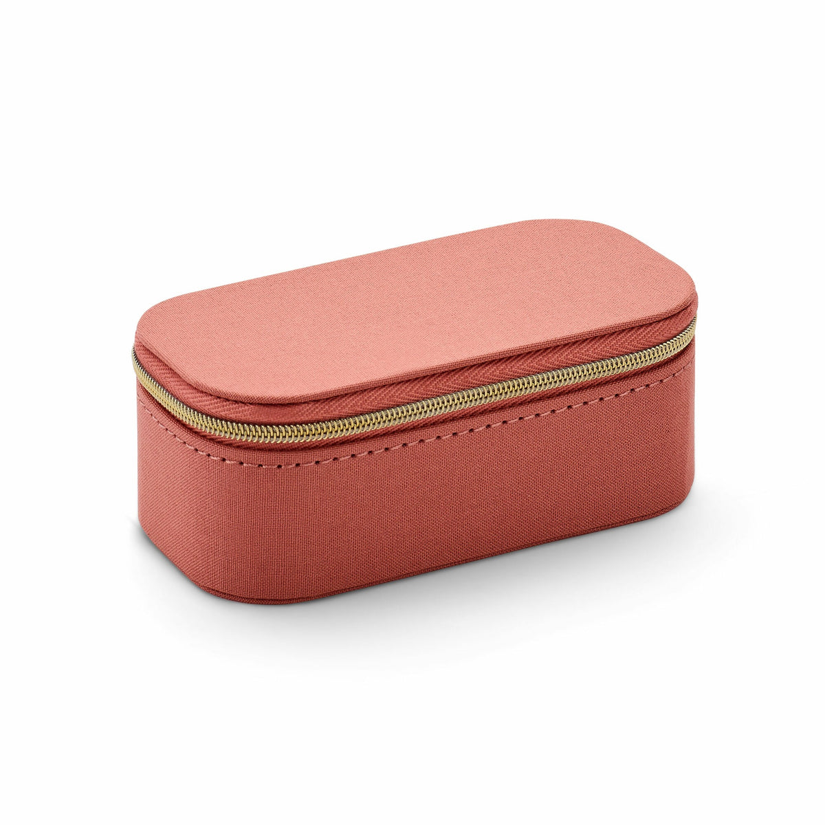 Luxe sieraden doos in zacht perzikvelvet met een gouden rits en een ovale vorm.