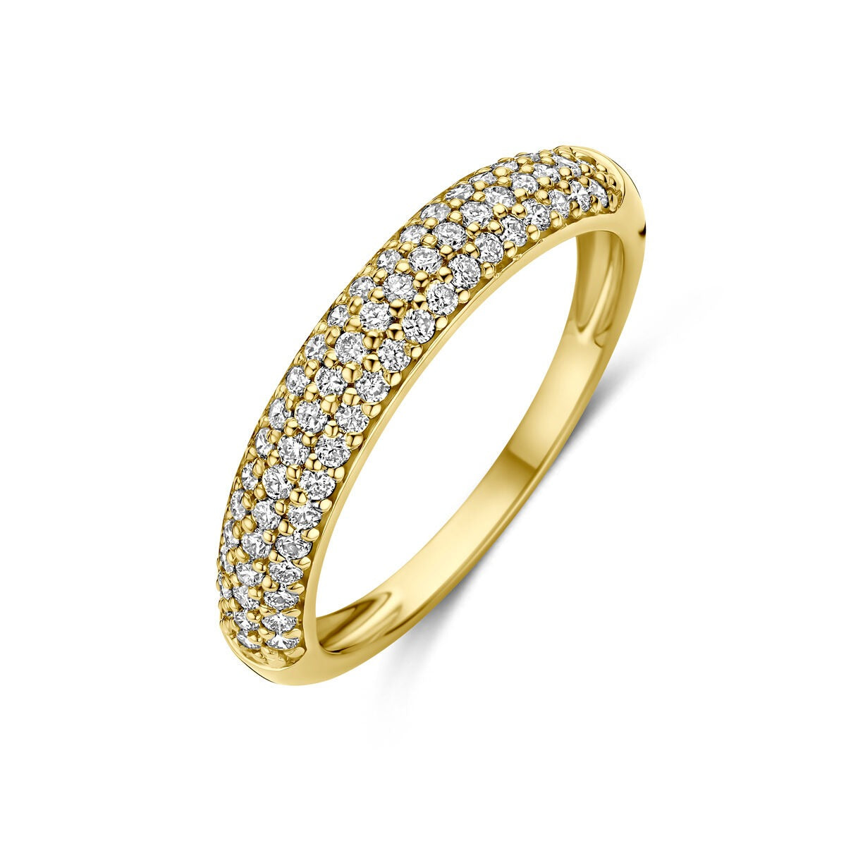 Geelgouden ring met een rij lab grown diamanten in pavézetting.