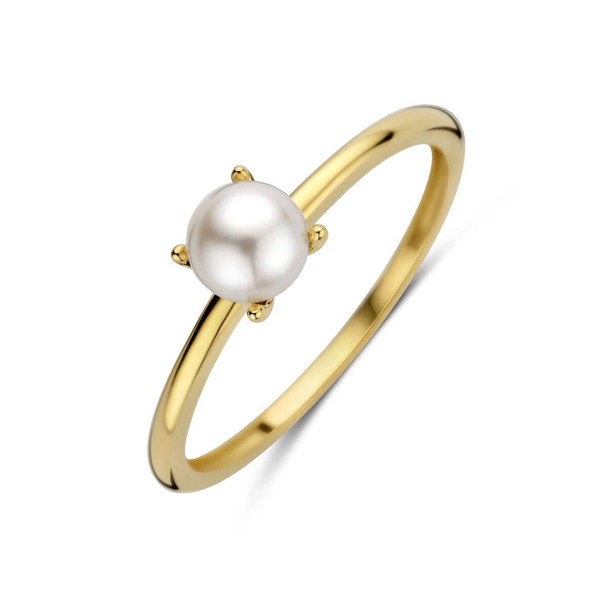 Geelgouden damesring met een 5 mm witte parel, eenvoudig en tijdloos ontwerp.