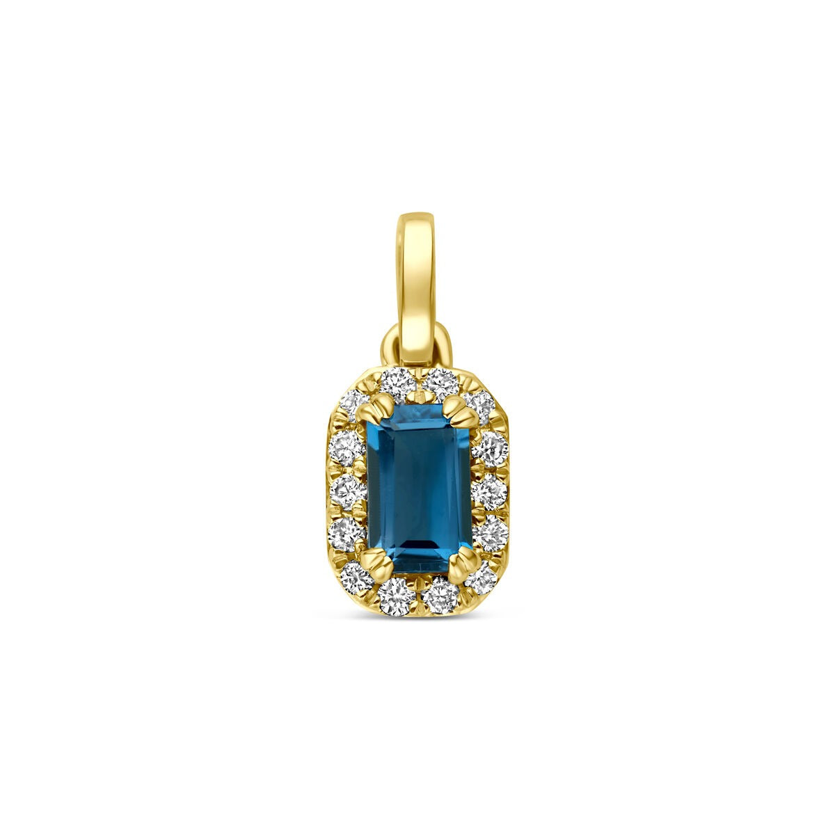 Geelgouden hanger met een rechthoekige London blue topaas omringd door lab grown diamanten.