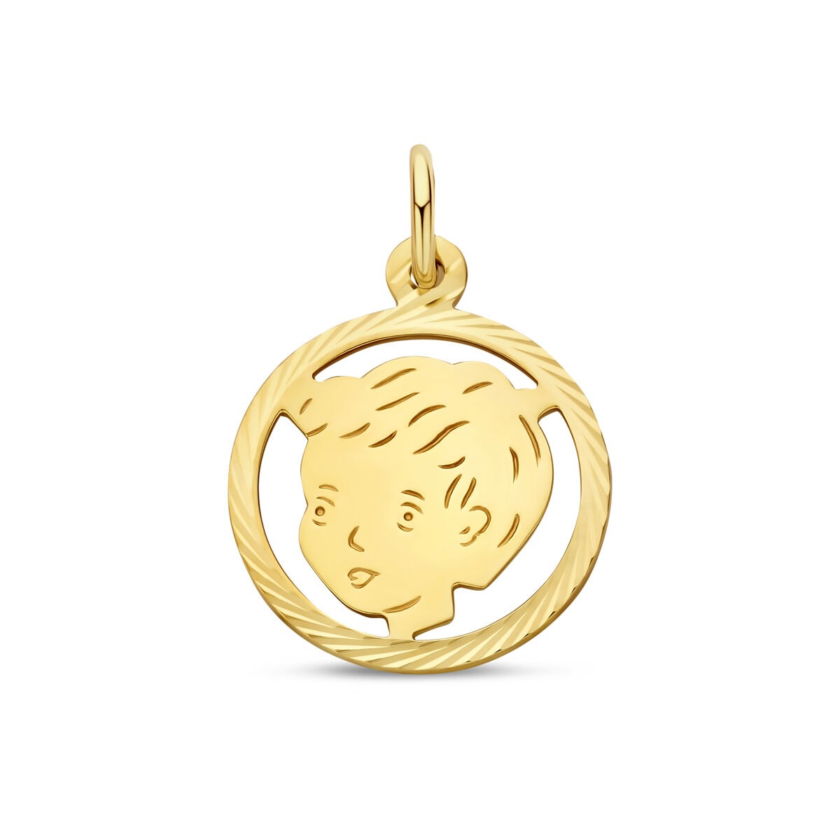 Ronde 9k geelgouden hanger met uitgesneden kinderkopje, diameter 16 mm.