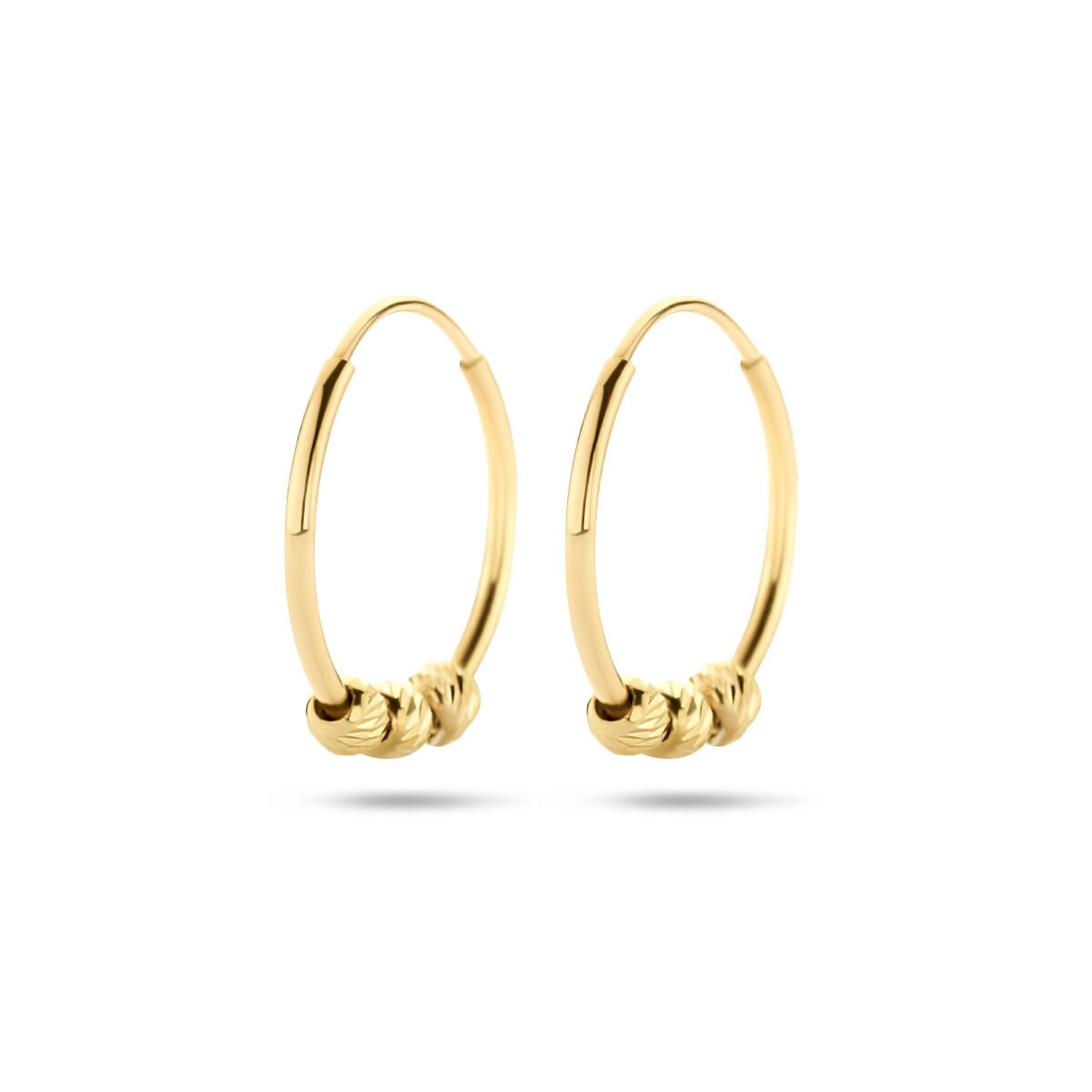 Gouden oorringen van 14k met bolletjes, 11 mm, met een glanzende afwerking.