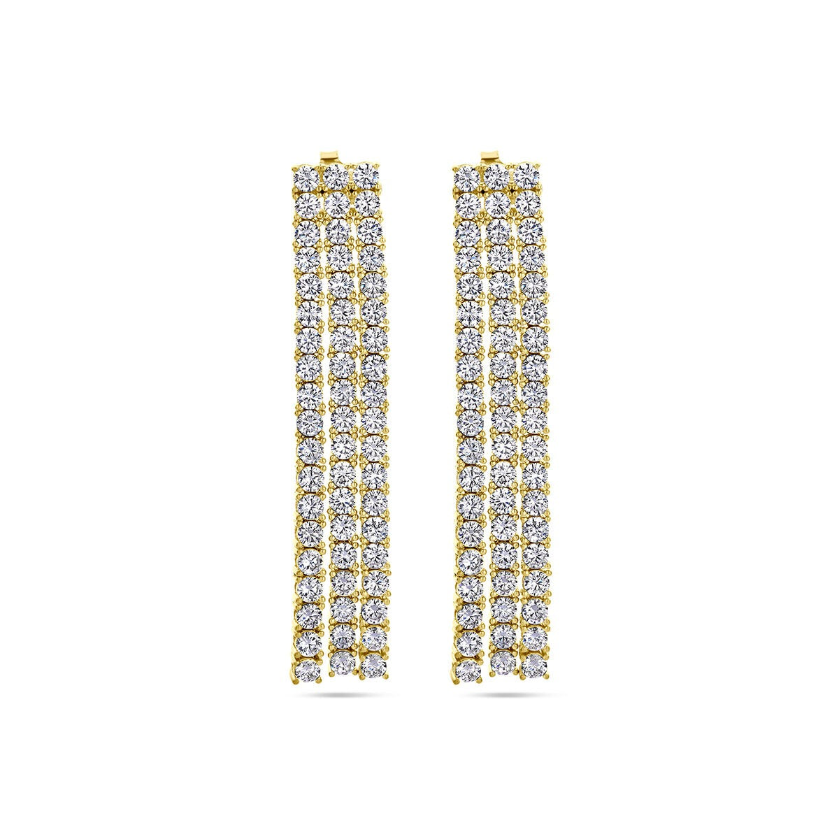 Verguld zilveren oorhangers met meerdere rijen zirkonia, goudkleurig en 60 mm lang.