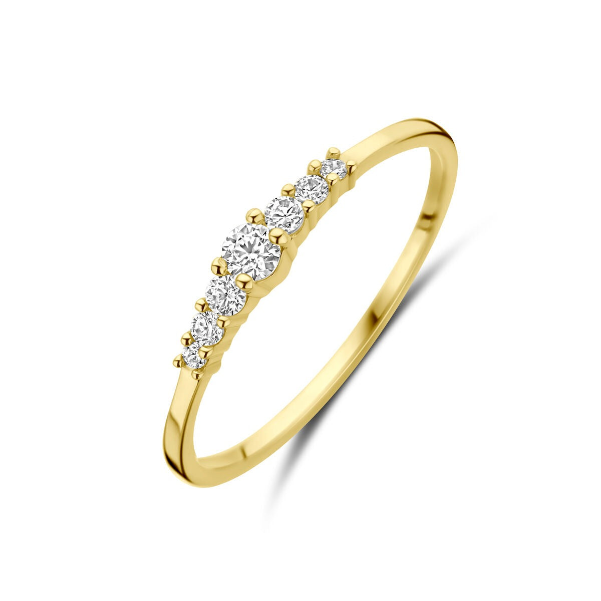 Geelgouden ring met vijf zirkonia's in een golvende setting.