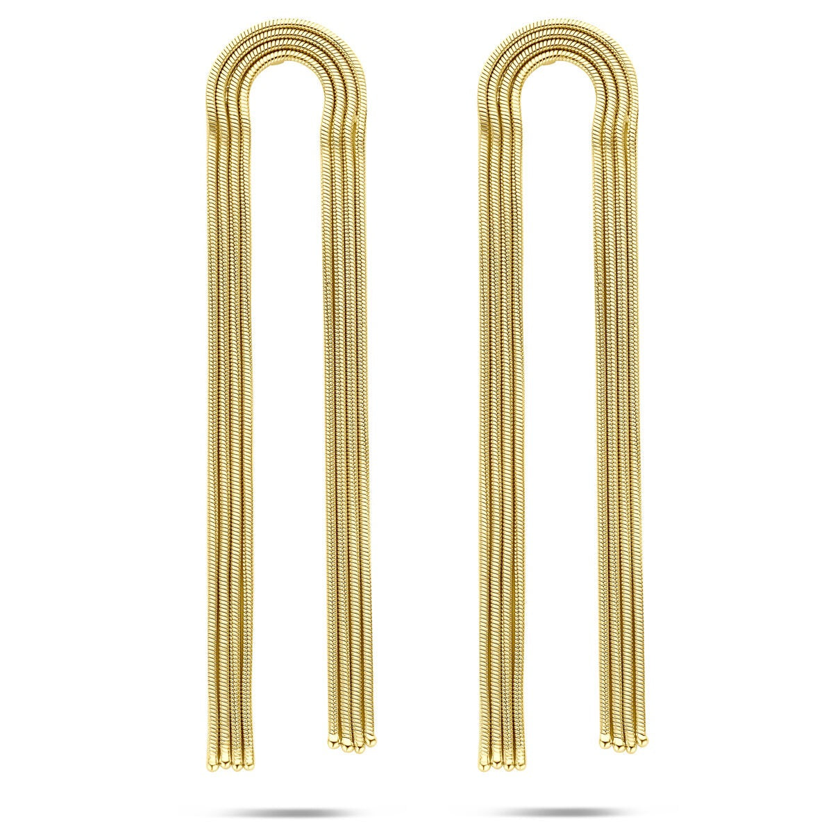 Vergulde zilveren dames oorhangers met schakelmotief, 91 mm lang en een strakke, moderne uitstraling.