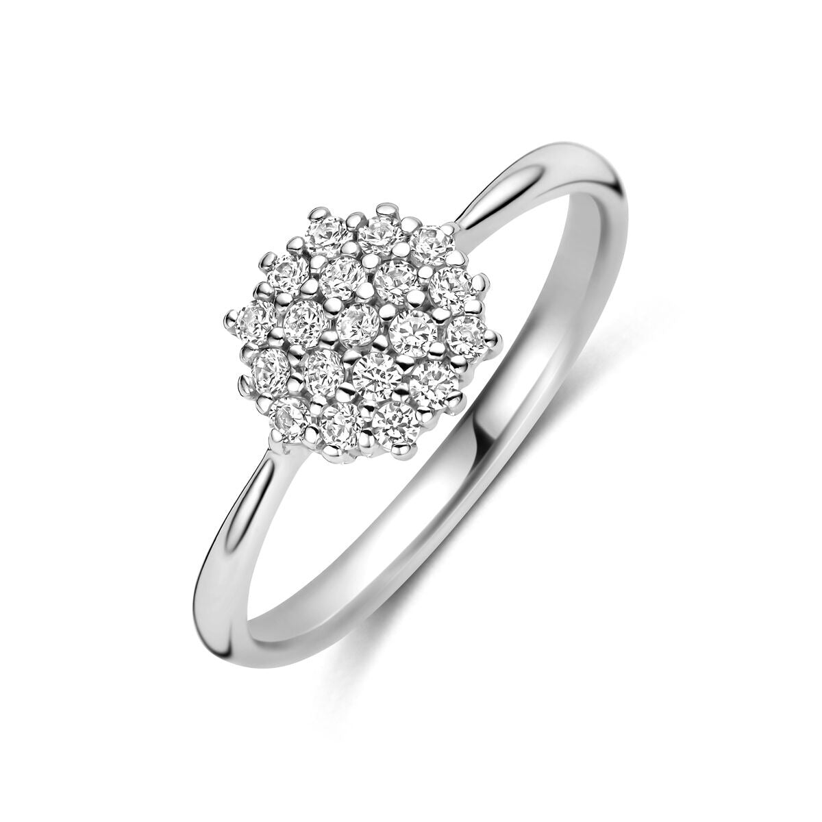 Gerhodineerde 925 zilveren ring met een bolvormige zirkonia-setting en glanzende afwerking.