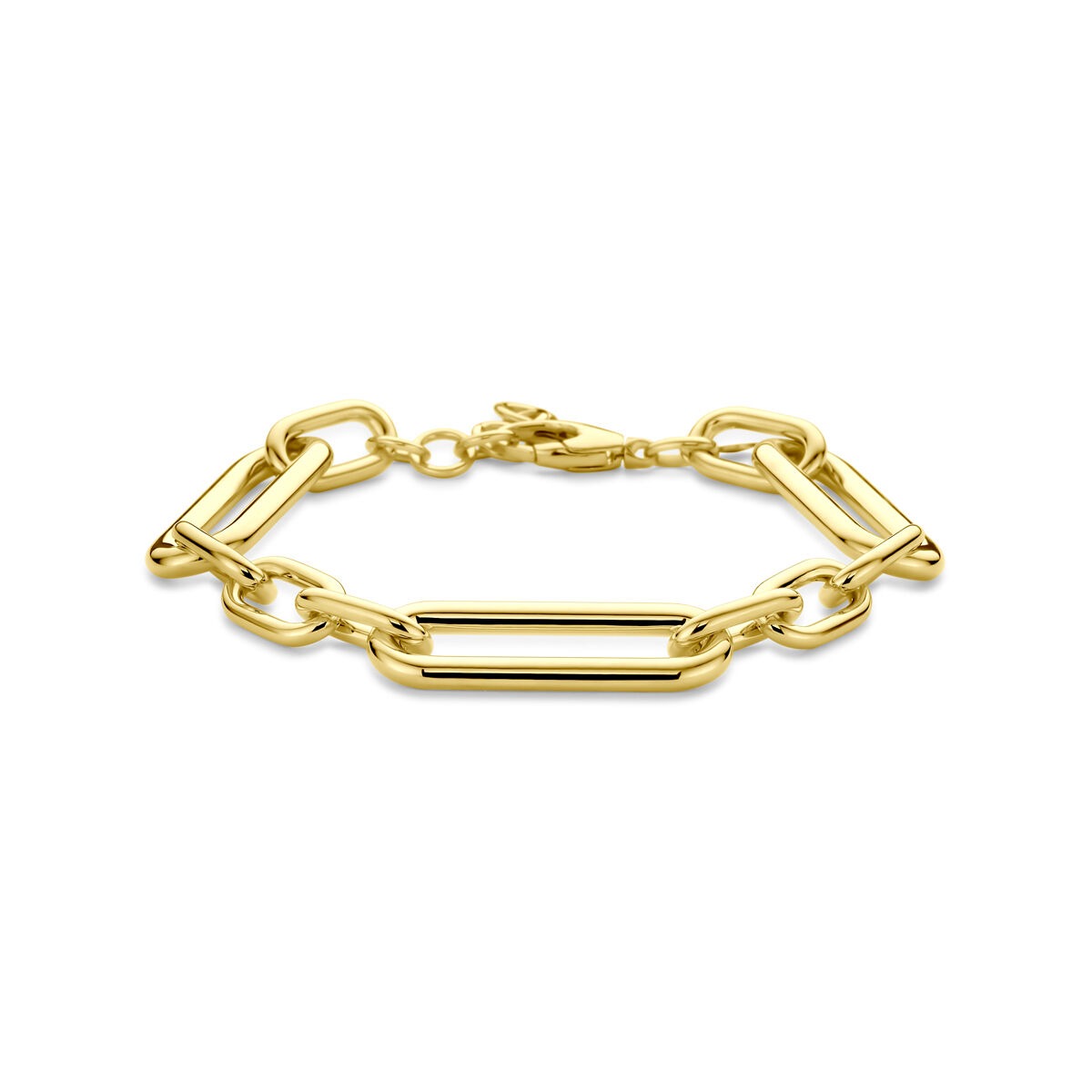 Geelgouden anker schakel armband met een breedte van 11 mm en een lengte van 18 + 2,5 cm.