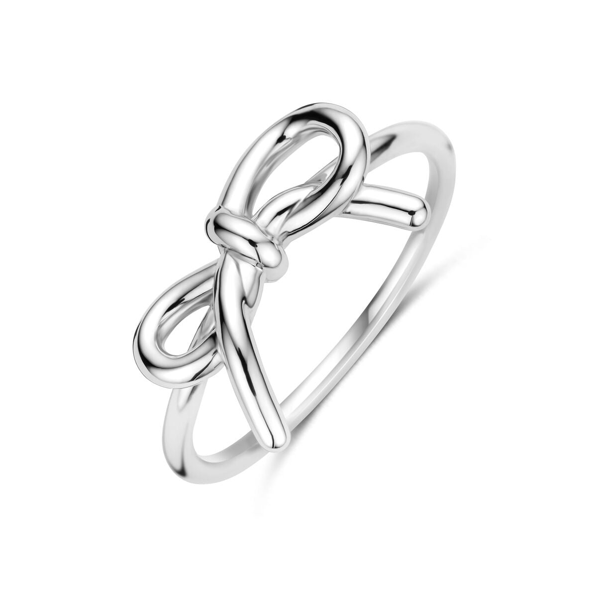 Zilveren damesring in strikvorm van gerhodineerd 925 zilver met een gladde afwerking.