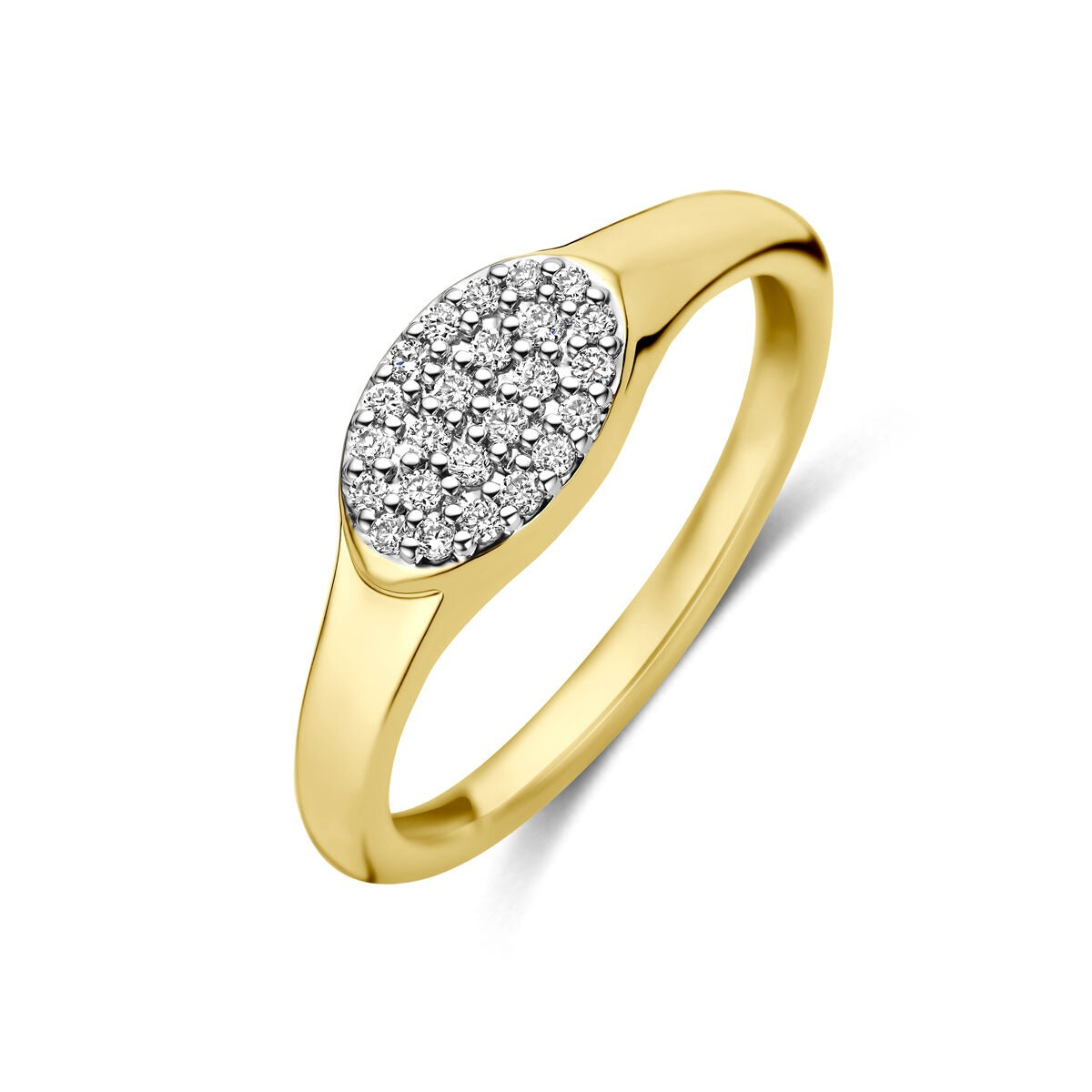 Geelgouden ring met een ovale bovenkant bezet met lab grown diamanten.