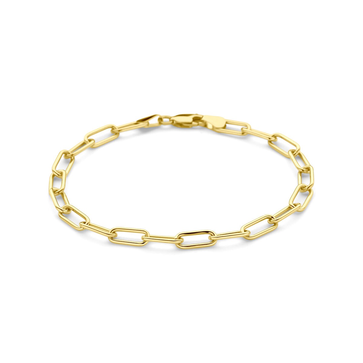 Gouden anker armband van 14k goud op zilver, met een schakelpand van rechte, langwerpige schakels.