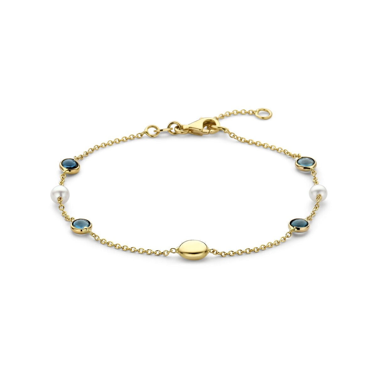 14k geelgouden armband met parels en London blue topaas, met een delicate ketting en afwisselende stenen.