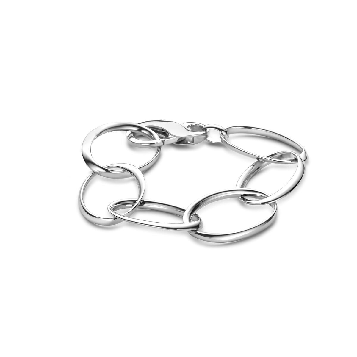 Zilveren armband van 23 mm breed en 22 cm lang, met een gerhodineerde afwerking en schakels in verschillende vormen.