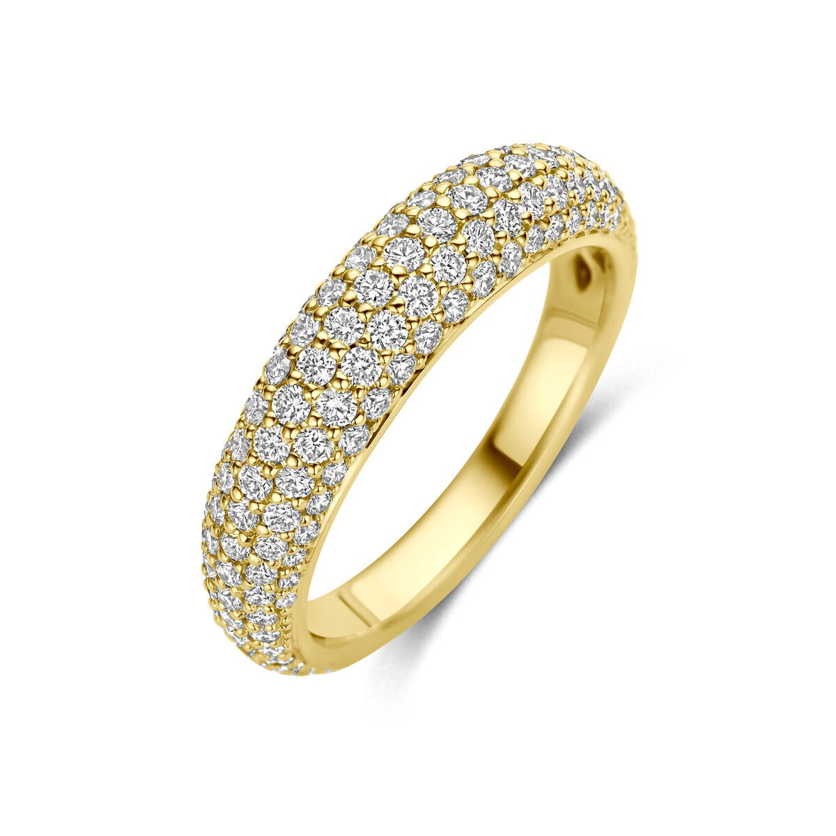 Geelgouden ring van 14k, bezet met meerdere kleine diamanten in een pave-setting.