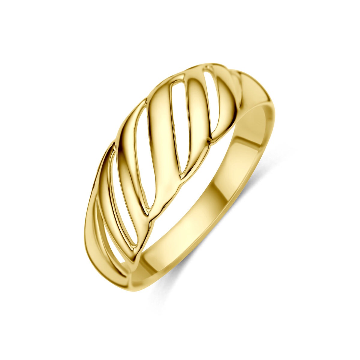 Geelgouden ring met een golvende, opengewerkte structuur en een glanzende afwerking.
