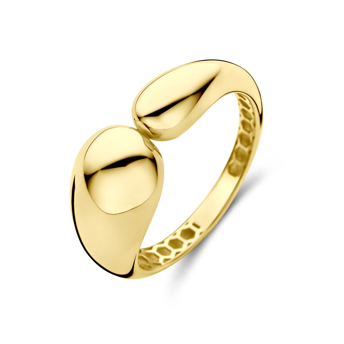 Gouden damesring met een unieke, golvende vorm en een breedte van 9 mm.