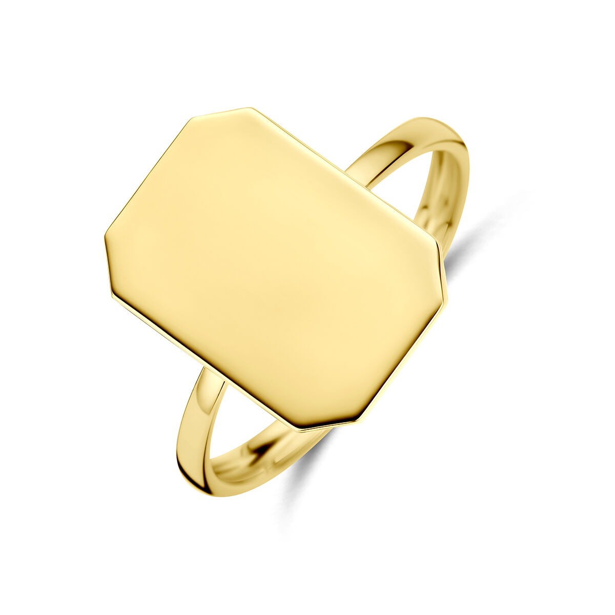 Geelgouden graveerring met een octagonale, gladde bovenkant en een fijne, ronde band.