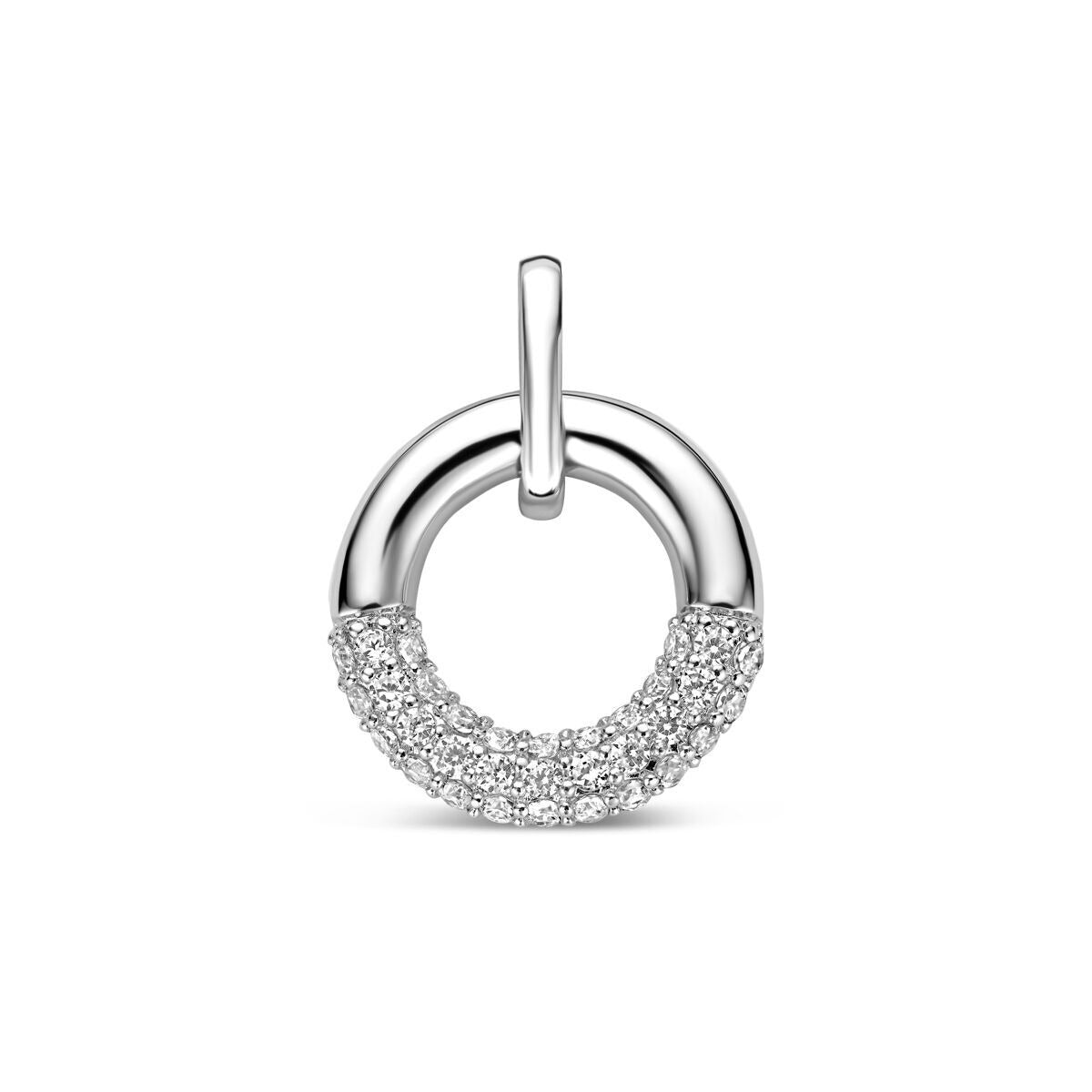 Ronde gerhodineerde 925 zilveren hanger met een deel bezet met zirkonia steentjes.